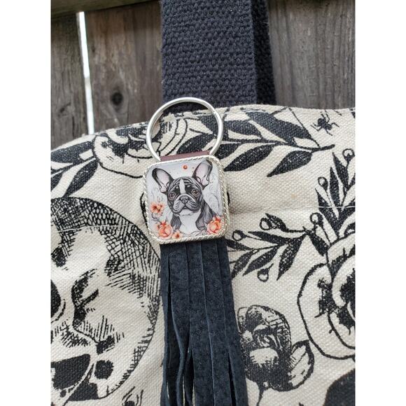 Handmade boho Boston terrier Leather Fringe Western bag charm, Long keychain - Picture 2 of 4